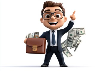 a 2D cartoon illustration of a businessman holding a briefcase filled with money ready for success white background