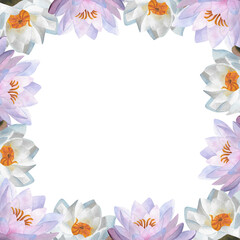 Framework with purple white water lily flowers Lilac lotus Floral border template for postcard poster invitation greeting card Women's day 2025 decoration Spa design Botanical background Blooming