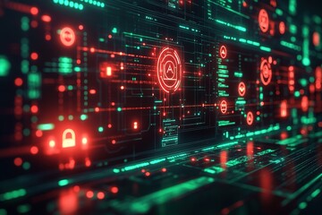 Fototapeta premium Futuristic digital interface with glowing red and green lines and icons.