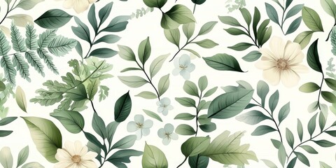 Seamless watercolor botanical pattern with ferns, wildflowers, and leaves, soft hues of green and blue, highly detailed, repeating design
