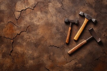 still life of rustic hand tools like a hammer and chisel, placed on a cracked, rough stone surface, soft natural lighting casting subtle shadows