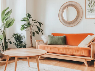 Ein warmes und gemütliches Wohnzimmer mit minimalistischem Dekor, lebendigen Farben, Terrakotta, Grün, Weiß. Holztisch, Spiegel, Pflanzen