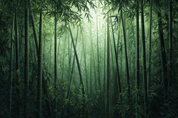 Fototapeta premium a dense bamboo forest, tall bamboo stalks reaching up to the sky, soft natural lighting streaming through the green canopy, casting long shadows on the forest floor