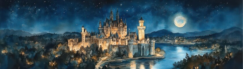 Obraz premium Craft an aerial view of a majestic castle, illuminated by a mystical moonlight glow, surrounded by a tranquil moat under a starry night sky, in watercolor
