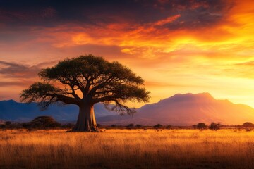 Obraz premium a towering baobab tree on a dry African savannah, dramatic sunset casting warm orange light on the massive tree trunk, dry grass and distant mountains in the background