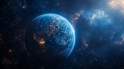 Naklejka premium View of Earth from space highlighting vibrant blue atmosphere on dark background. Generative AI