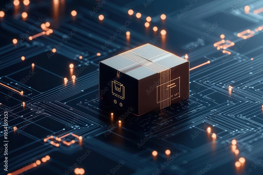 Poster a futuristic microchip sits atop a circuit board, illuminated by glowing connections, representing a