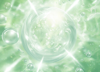 close-up of the circular, glowing light in an abstract background, with three small bubbles floating inside it. The scene is captured from above and features light blue-green tones.