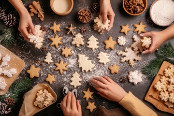 Festive baking and preparation of treats: In the kitchen, people are briskly preparing for the holiday people are kneading cookie dough, pouring icing, laying out ready-made pastries on baking trays. 
