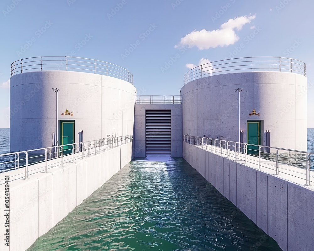 Poster two large storage tanks by the water's edge with access points, surrounded by a serene environment u