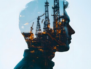 Creative Double Exposure of Man and Oil Rig