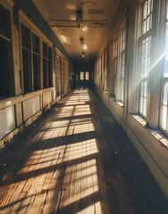 Fototapeta premium long corridor in an old school building, sunlight shines through the windows onto the wooden floorboards