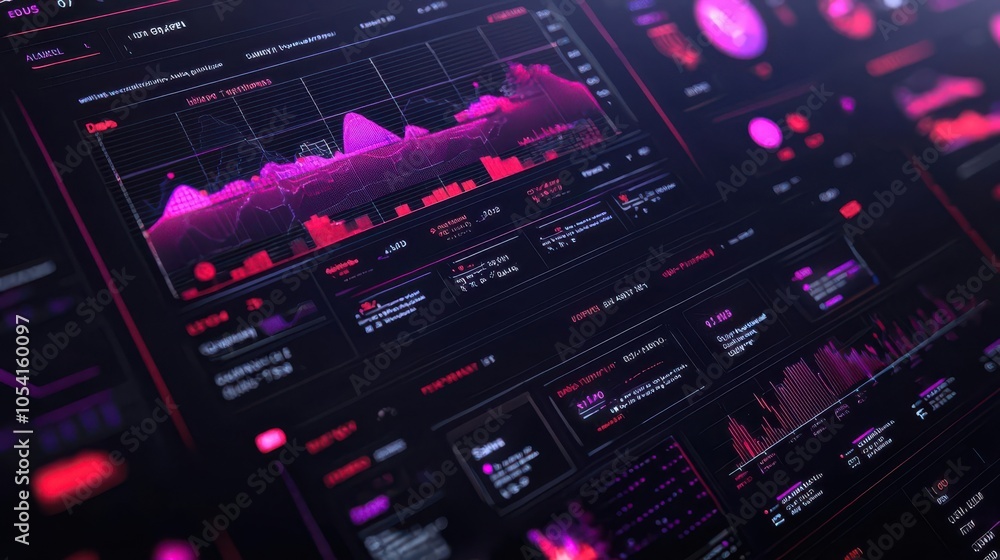Poster data visualization dashboard with modern graphs and neon colors on dark background.