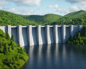 Obraz premium A modern dam surrounded by lush green hills and a tranquil lake, showcasing the harmony between engineering and nature.