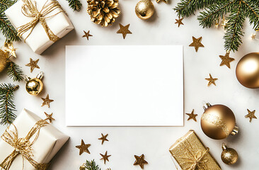 A white blank greeting card surrounded by Christmas decor, creating a festive atmosphere perfect for sending holiday wishes and greetings.
