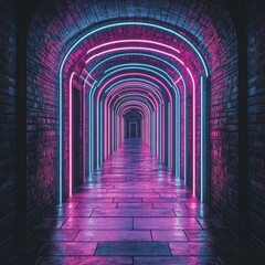 Fototapeta premium Neon Lights in a Brick Tunnel - Futuristic Architectural Design