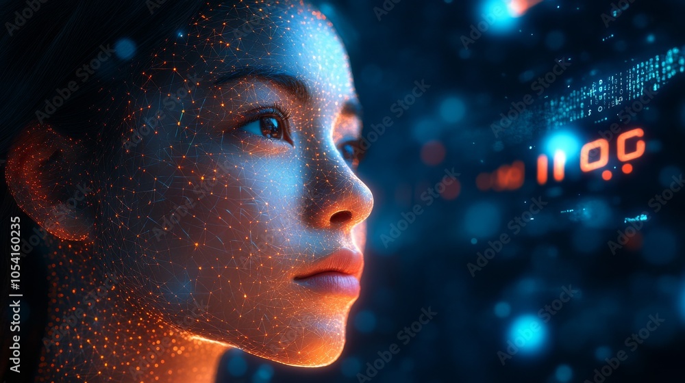 Poster close up of persons face with network of glowing lines and points intricate design evokes sense of m