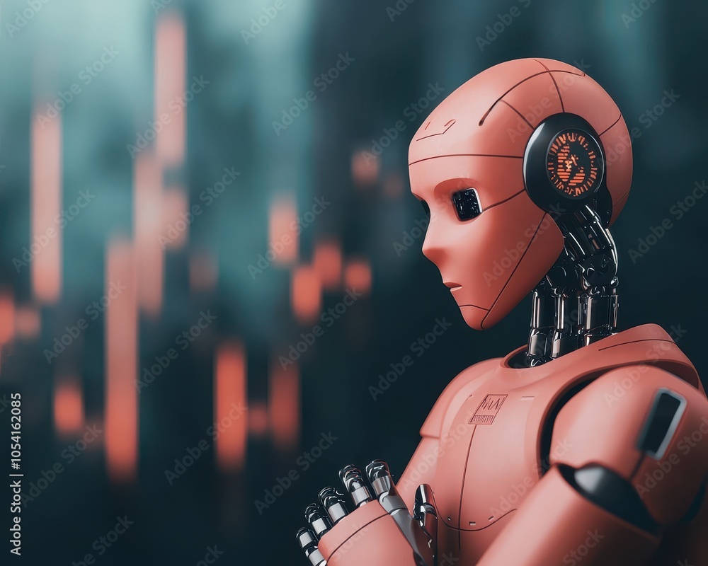 Poster a futuristic robotic figure stands in contemplation against a backdrop of glowing data visualization