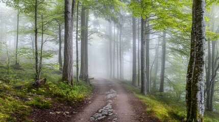 Fototapeta premium A winding dirt path leads through a misty forest, sunlight filtering through the trees.