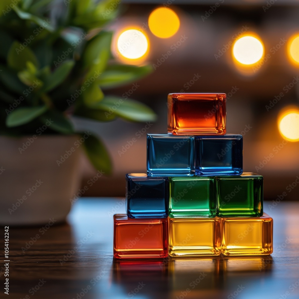Poster a colorful arrangement of transparent blocks stacked in a pyramid shape, complemented by a blurred b