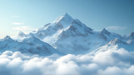Fototapeta premium Majestic snow-capped mountain peak rising above the clouds under a clear blue sky.