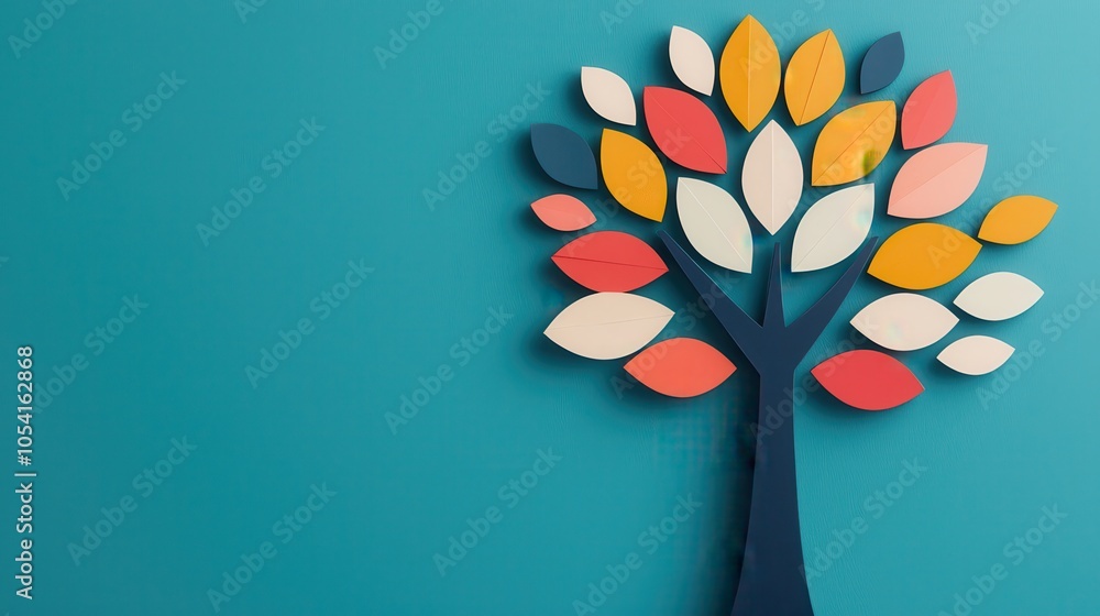 Poster a colorful, artistic tree made of cut-out leaves displayed against a teal background, creating a vib