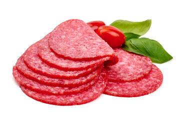 Smoked salami slices, Isolated on white background.