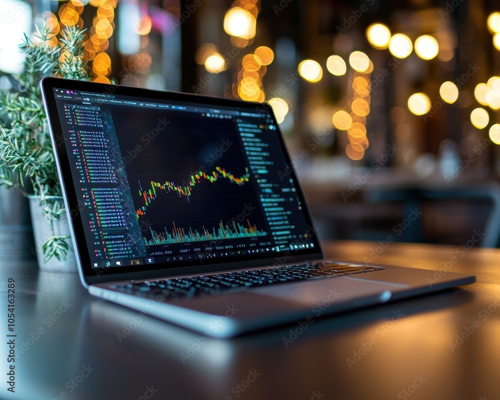 Poster a modern laptop displaying financial data charts sits on a table, surrounded by soft bokeh lights, c