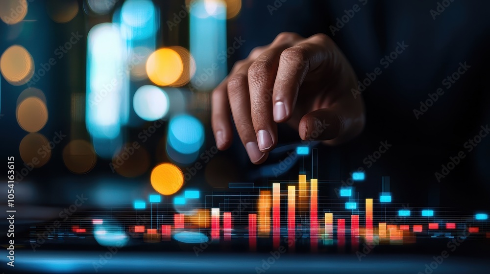 Poster a hand interacts with a digital screen displaying vibrant data visualizations, highlighting trends i