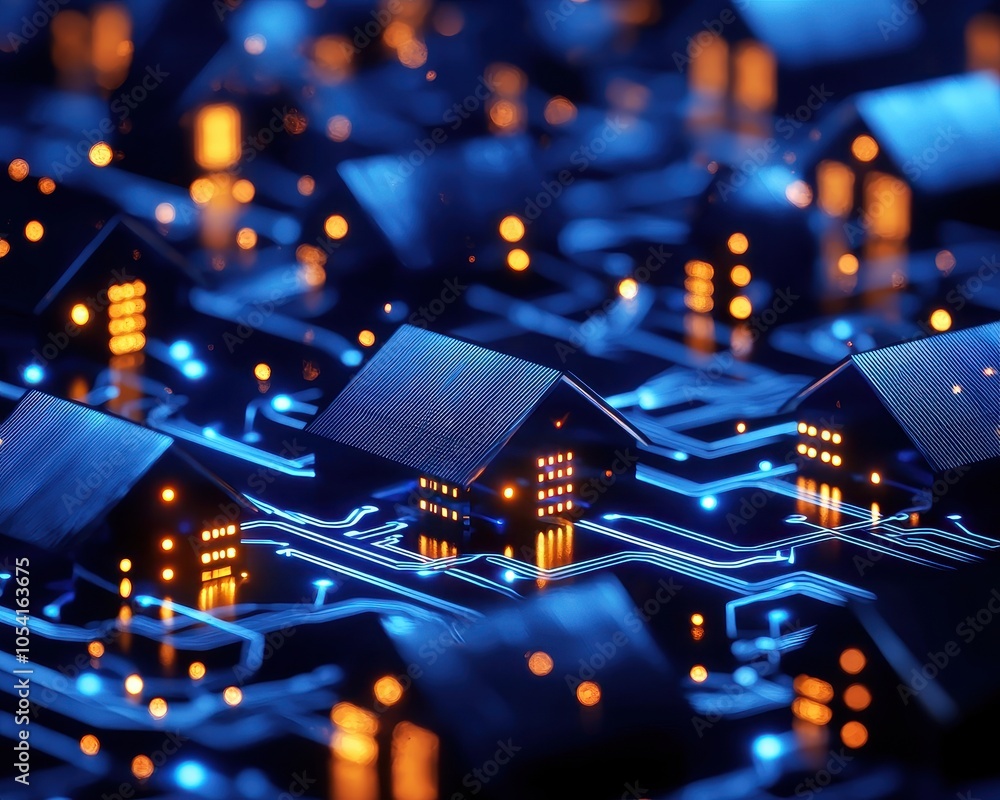 Poster a futuristic scene combining houses and circuit patterns, illuminated by glowing lights, suggesting 