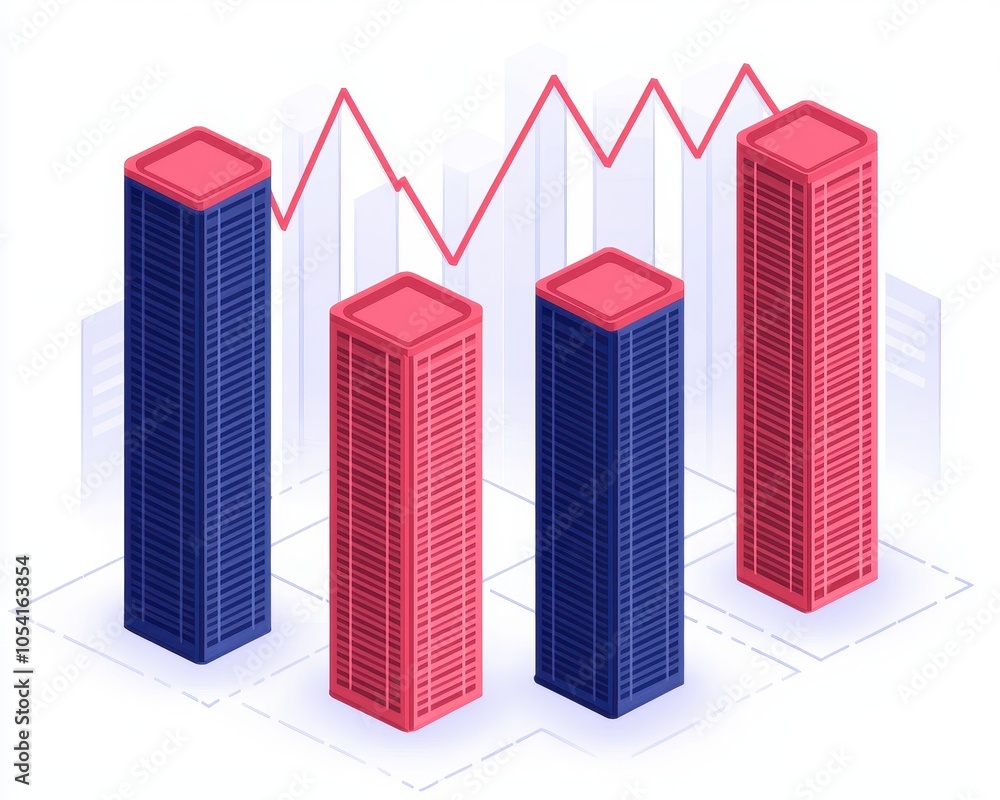 Poster abstract illustration of financial trends with bars representing data and a fluctuating line graph i