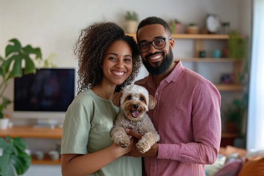 Happy couple holding their adorable pet dog at home