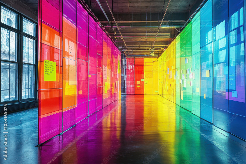 Poster a colorful corridor featuring vibrant, translucent panels that create a striking visual display and 