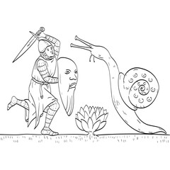 Line art drawing illustration of a knight or nobleman soldier fighting a giant snail with sword done in medieval style on isolated background in black and white.  © Redwater Vectors