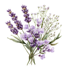 Obraz premium A beautiful bouquet of lavender flowers accompanied by delicate white blossoms, perfect for decor or floral arrangements, on a white isolated background.