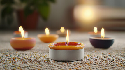 A cozy arrangement of colorful candles on a textured surface, casting warm light in a softly lit environment, perfect for relaxation and ambiance.