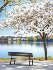 Fototapeta premium Tranquil Spring Scene with Bench by the Lake