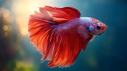 Obraz premium Siamese Fighting Fish, Betta splendens showcasing intricate fin structure and radiant, vibrant colors, swimming elegantly in a calm, softly lit underwater world.