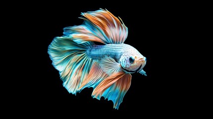 Siamese Fighting Fish, Betta splendens with vibrant, iridescent fins and detailed scales, captured mid-motion in an underwater environment of soft lighting and reflections.