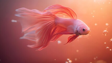 Fototapeta premium Betta splendens, Siamese Fighting Fish with long, flowing fins and intricate scale patterns, swimming through softly glowing water, captured in stunning underwater detail.