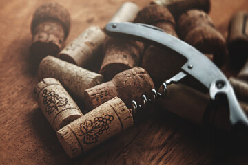 Wine Corks and Corkscrew on Wooden Table