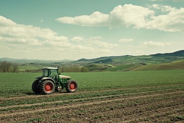 Fototapeta premium Farmer driving tractor in cultivated field on sunny day