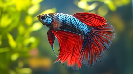 Obraz premium Siamese Fighting Fish, Betta splendens in vibrant shades of red and blue, showcasing its intricate fins and delicate scale patterns in stunning underwater clarity.