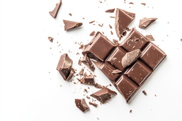 Broken chocolate bar with scattered pieces on white background