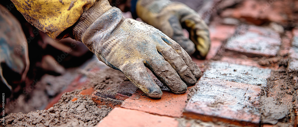 Aufkleber close-up of a worker using gloves to lay bricks on a construction site with a red brick backdrop dur