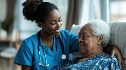 Obraz premium African medical nurse comforting senior patient