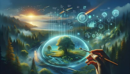 Forest and Coastal Scene with Holographic Environmental Data Overlays, AI Drones, and Satellite Monitoring for Real-Time Ecosystem Protection