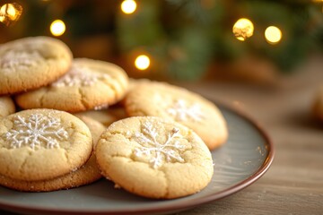 Snowflake cookies on plate with festive lights in background