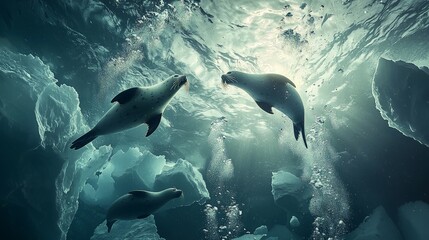 Obraz premium Three seals swim in the ocean with icebergs in the background.