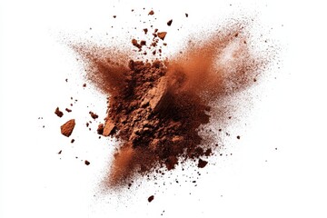 Burst of cocoa powder mid-air against white background